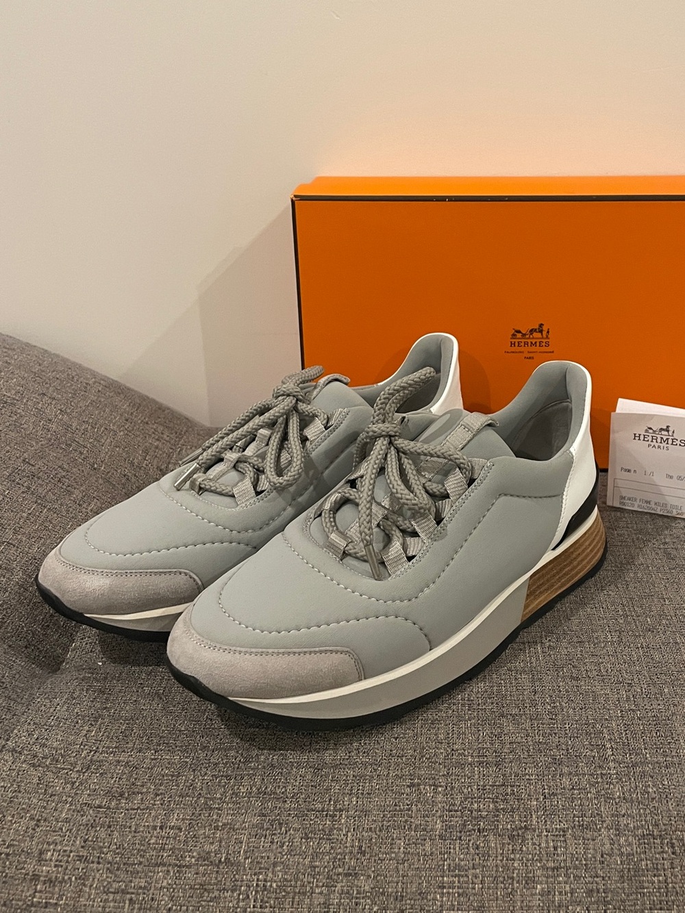 Hermes Leather & Fabric Sneakers - Grey White Black Brown